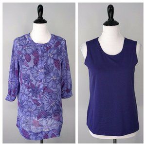 SUSAN GRAVER 2 Piece Purple Button Up Floral Blouse & Tank Top Shirt Size XS EUC
